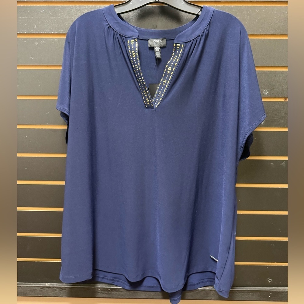 NWT Jones New York Navy Embellished V-Neck Top Plus Size 2X